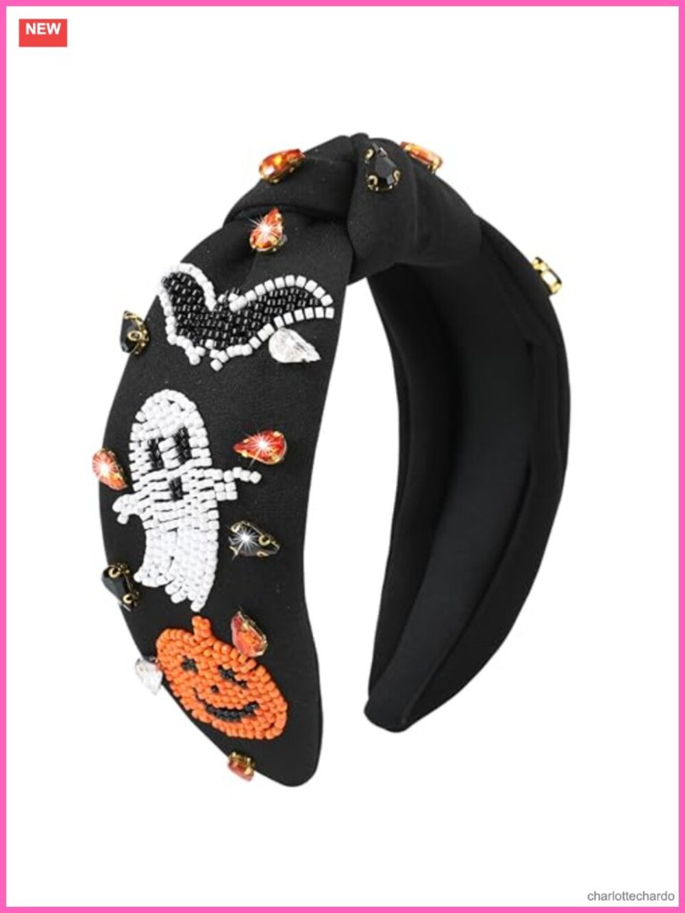 Halloween Jeweled Knotted Headband Beaded Pumpkin Ghost Bat Rhinestone